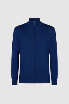 Maglione blu in lana merino extra fine con zip